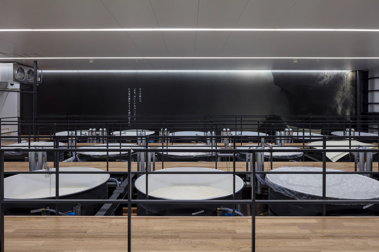 14 Brautanks stehen im klimatisierten Tankraum von Noguchi Naohiko Sake Institute.